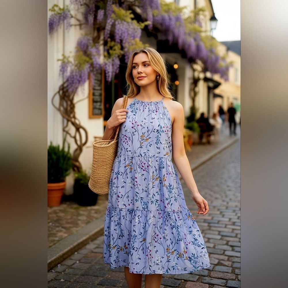 a new day Light Blue Floral Tiered Halter Midi Dress - Picture 2 of 6